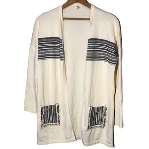 ENTRO | Women’s Cream & Black Stripes Long Line Knit Cardigan Sweater size Large